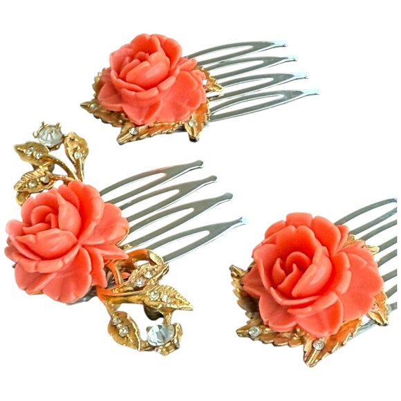 Bridal Hair Comb Coral Rose Floral Vintage Jewelry Wedding Hair Piece Set - Picture 4 of 5